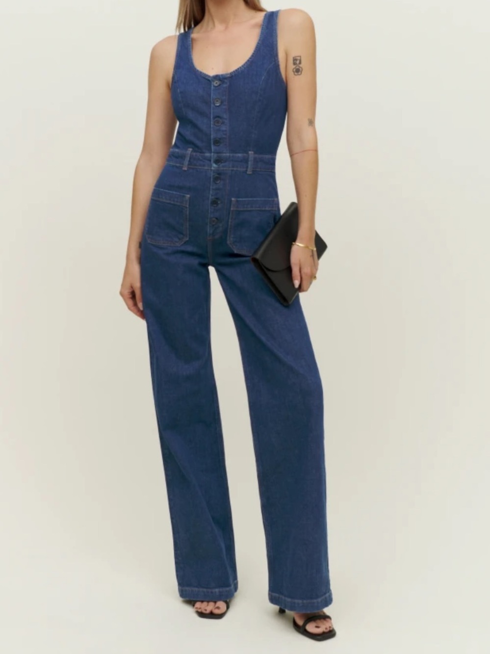 Reformation - High-Waist Dark Blue Denim Jumpsuit - size 2 (missing one button)